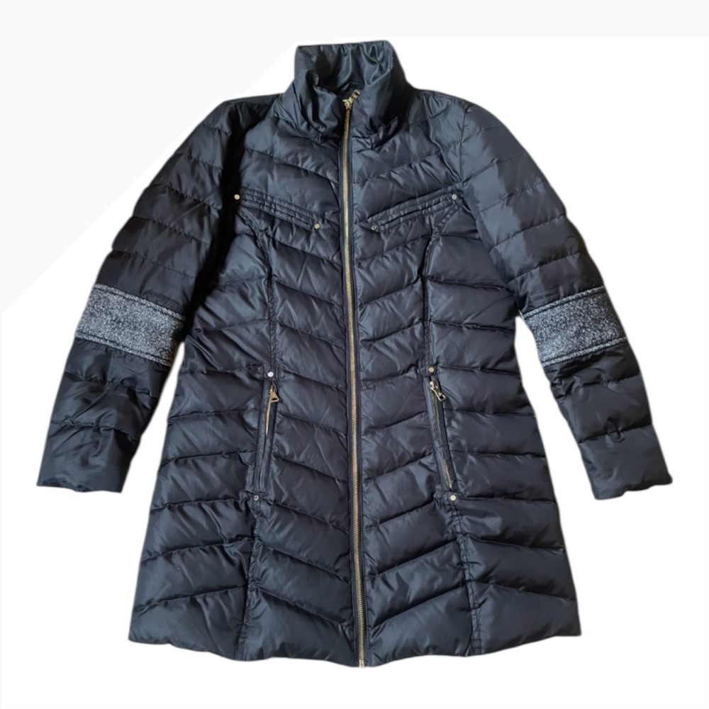 Sam Edelman Black Chevron Quilted Puffer Coat Full Zip Tweed Sleeve Detail